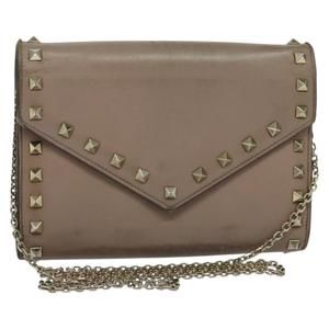 VALENTINO Studs Chain Shoulder Wallet Leather Pink Silver Auth BA4061
